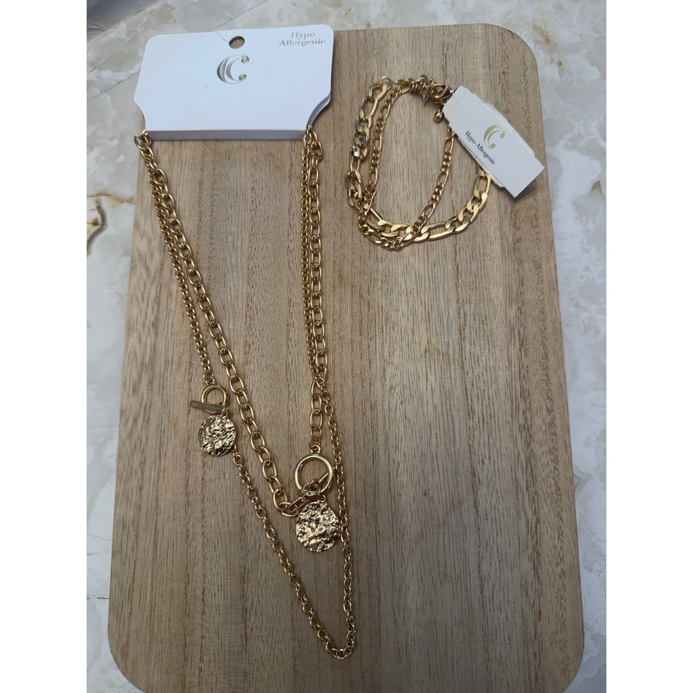 Gold Tone Layered Necklace & Bracelet Set Textured Coin Charms Hypoallergenic